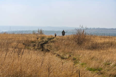 The hunter is preparing to hunt the hare. Zaporozhye region, Ukraine. November 2010のeditorial素材