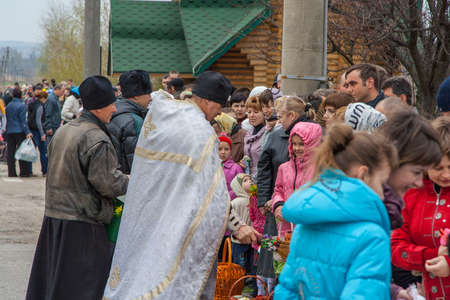 Consecration of traditional Easter cakes for the Orthodox Easter holiday. Pologi town, Zaporozhye...