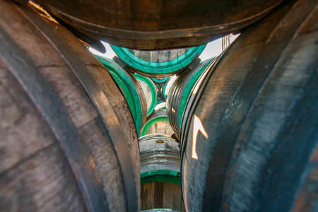 Oak barrels in an open area for the production of the Crimean modera. Koktebel Brandy Factory, Koktebel Village, Crimea, Ukraine. May 2012.のeditorial素材