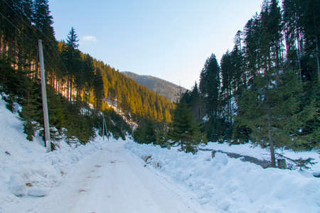 Snowy road in the Carpathian mountains. Carpathians, Ukraine. February 2013の写真素材