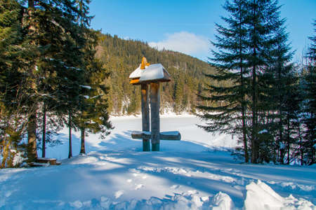 Commemorative pillars made of African mahogany wood on the banks of the snowy alpine lake Synevyr. Carpathians, Ukraine. February 2013の写真素材