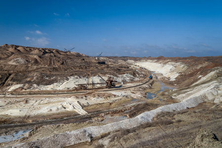 Temporary mobile railway track for mining in a clay quarry. Zaporizhia region, Ukraine. March 2015の写真素材