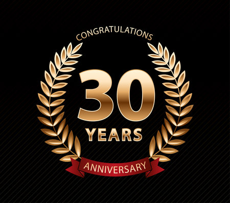 30 years anniversary celebration with golden laurel wreath and ribbon.のイラスト素材