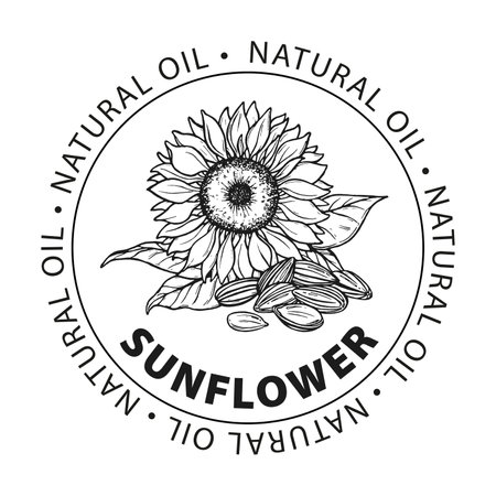 Sunflower natural oil. Label for bottle sunflower oil. Sunflower and seeds, outline vector illustration. sunflower oil. Templates label for sunflower oil. Isolated on white backgroundのイラスト素材
