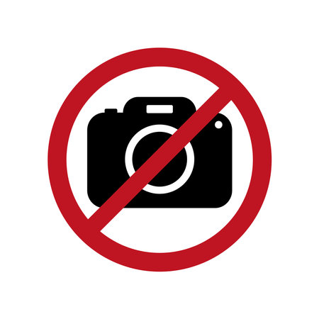 No photo camera sign. Red prohibition sign on white background. vector illustration.のイラスト素材