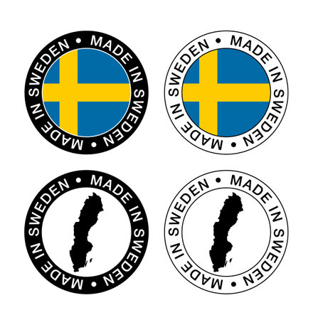 Made in Sweden - set of stamps with country map and flag. vector illustration.のイラスト素材