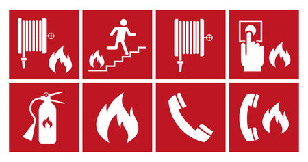 Fire safety icons set on red background. Flat style vector illustration.のイラスト素材