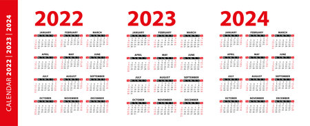 Calendar 2022, 2023 and 2024 years isolated on white background. Week Starts on Sunday.のイラスト素材