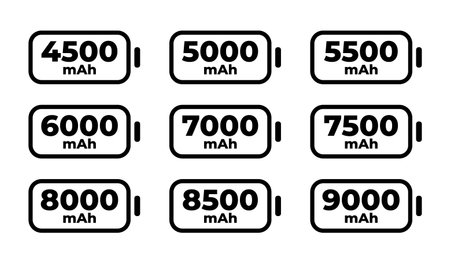 Set of battery capacity vector icon. Capacity mAh of battery. Outline vector illustration.のイラスト素材