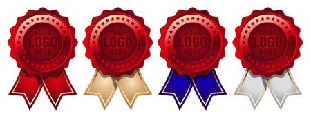 Big set red medal with color ribbon vector. Set of seal award red. Medal badge icons premium red. Blank certificate template - rosette with medalのイラスト素材