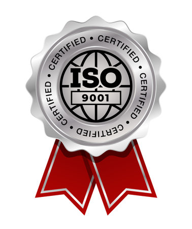 ISO 9001 Silver medal with red ribbon vector. Seal award silver. quality management systems. QMS standard.のイラスト素材