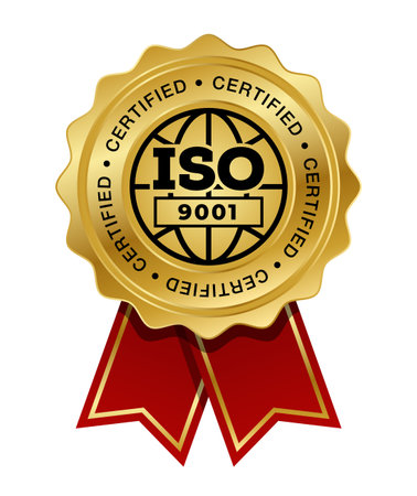 ISO 9001 Golden medal with red ribbon vector. Seal award gold. quality management systems. QMS standard.のイラスト素材