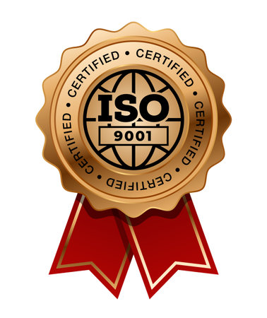 ISO 9001 Bronze medal with red ribbon vector. Seal award bronze. quality management systems. QMS standard.のイラスト素材