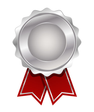 Silver medal with red ribbon vector. Seal award silver. Medal badge icons premium. Blank medal template.のイラスト素材