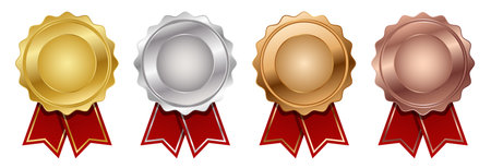 Set of medal with red ribbon vector. Set of seal award. Medal badge icons premium. Blank medal template.のイラスト素材
