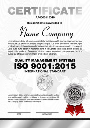Certificate template with line pattern and silver emblem, ISO 9001 certified, Vector illustration. certificate template.のイラスト素材