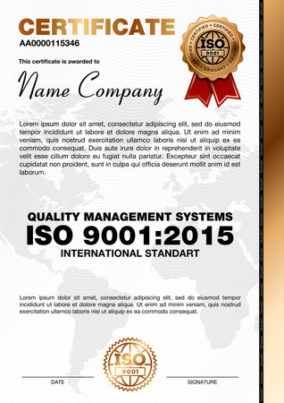Certificate template with line pattern and golden emblem, ISO 9001 certified, Vector illustration. certificate template.のイラスト素材