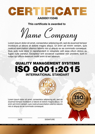 Certificate template with line pattern and golden emblem, ISO 9001 certified, Vector illustration. certificate template.のイラスト素材
