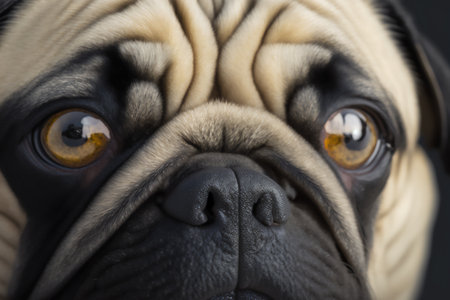 Close up of a pug dog's face. Shallow depth of field. Genarated by AIの素材