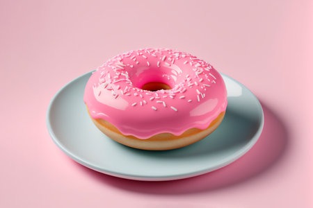 Pink donut on a blue plate on a pink background. Genarated by AIの素材