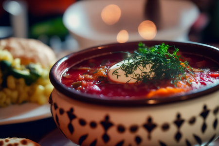 Ukrainian borscht on the table. Genarated by AIの素材
