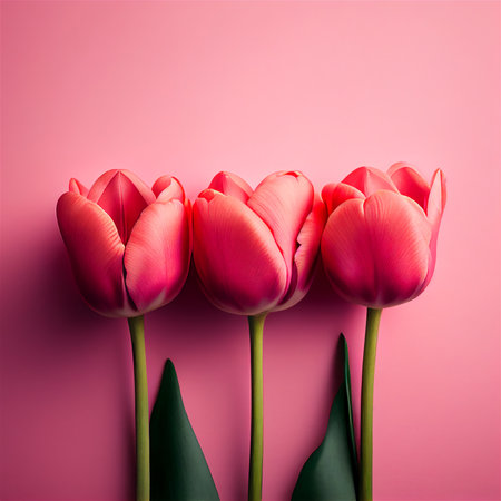 Pink tulips on a pink background. top view. Genarated by AIの素材
