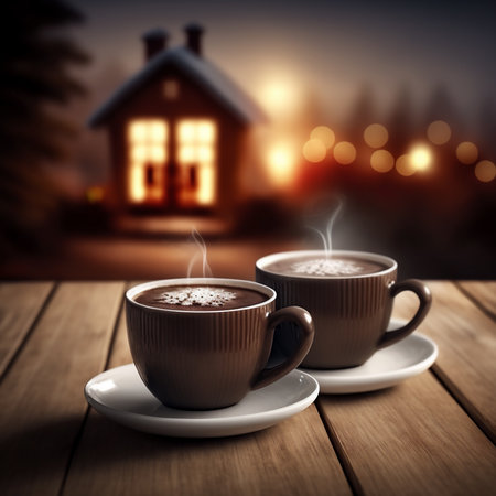 Two cups of coffee on wooden table in front of a house at night. Genarated by AIの素材
