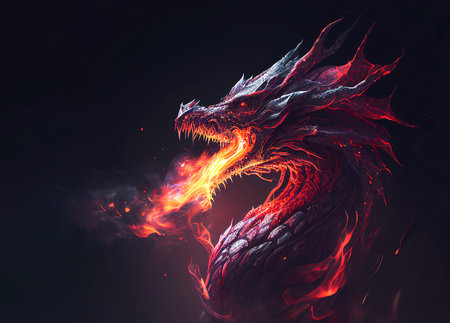 Dragon with fire and smoke on a black background. Genarated by AIの素材