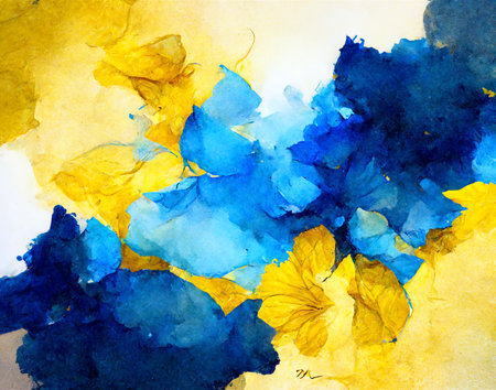 Abstract watercolor background with yellow and blue hibiscus flowers. Genarated by AIの素材