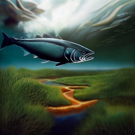 Illustration of a rainbow trout swimming in the ocean. Genarated by AIの素材