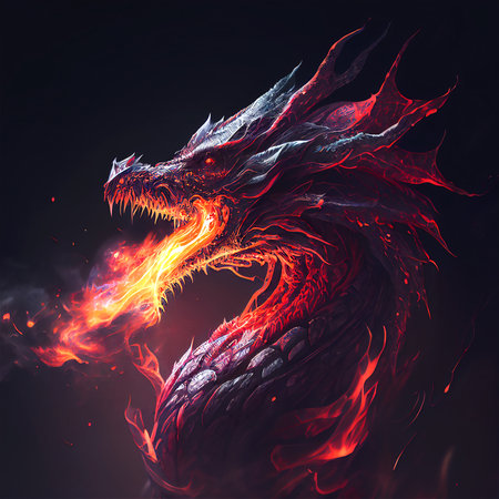 Dragon head in fire flames on dark background. Genarated by AIの素材