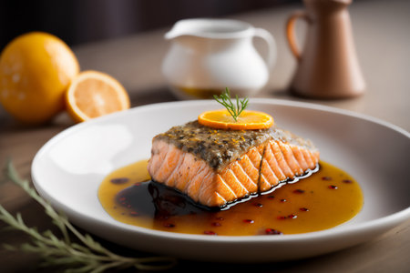 Salmon Steak with Orange Sauce and Rosemary on Wooden Table. Genarated by AIの素材