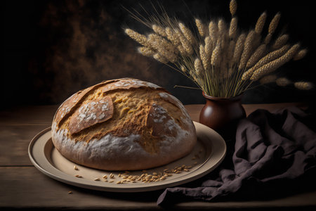 Loaf of bread and spikelets of wheat on a wooden table. Genarated by AIの素材