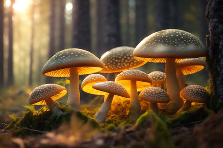 Mushrooms in the forest at sunset. beautiful nature scene. Genarated by AIの素材