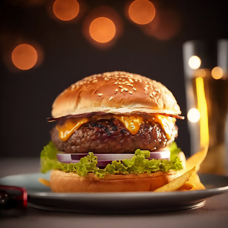 Hamburger with cheese, onion and lettuce on a dark background. Genarated by AIの素材