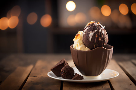 Chocolate ice cream in chocolate bowl on wooden table with bokeh background. Genarated by AIの素材