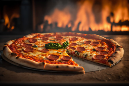 Pizza with salami and mozzarella in front. Genarated by AIの素材