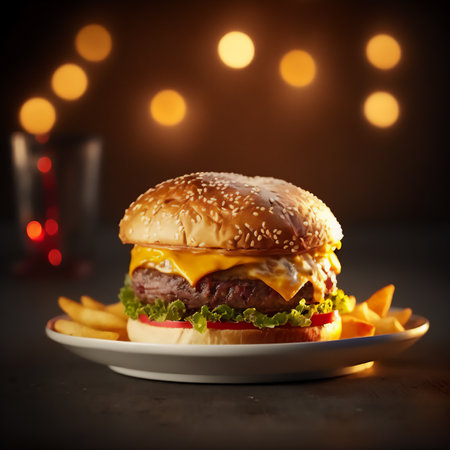 Cheese burger - American cheese burger with Golden French fries on dark background. Genarated by AIの素材