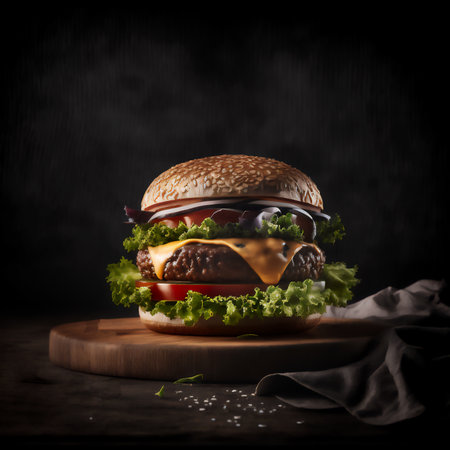 Hamburger on a wooden board on a dark background with smoke. Genarated by AIの素材