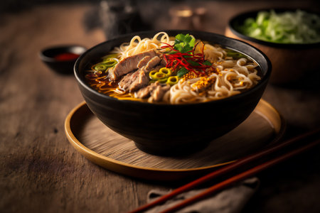 Asian style noodle soup with pork in a bowl on wooden table. Genarated by AIの素材