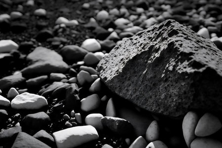 Black and white pebbles on the beach, selective focus. Genarated by AIの素材