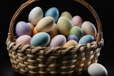Colorful Easter eggs in a wicker basket on a black background. Genarated by AIの素材
