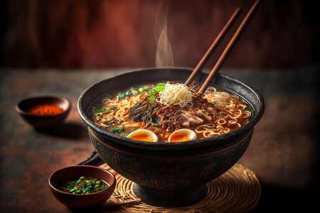 Ramen noodle soup with pork and vegetables in clay bowl on dark background. Genarated by AIの素材