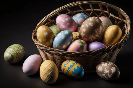 Easter eggs in a basket on a black background with copy space. Genarated by AIの素材