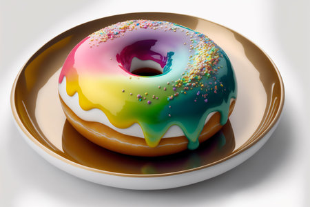 Colorful glazed donut on plate over white background. Genarated by AIの素材