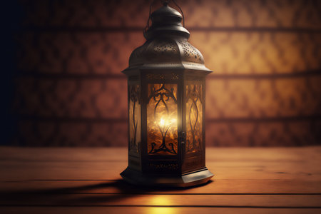 Lantern on a wooden table. Ramadan Kareem background. Genarated by AIの素材