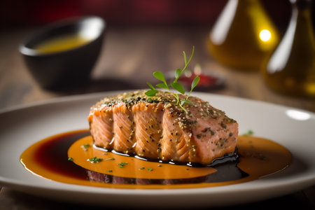 Salmon Steak with Herbs and Sauce on Wooden Table. Genarated by AIの素材