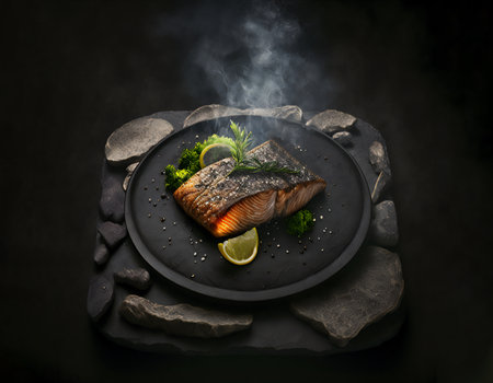 Grilled salmon fillet with lemon and herbs on black plate on dark background. Genarated by AIの素材