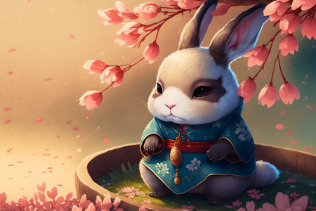 Cute rabbit in chinese costume with cherry blossom background. Genarated by AIの素材
