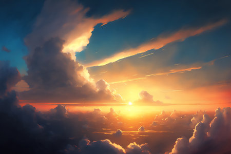 Beautiful sunset over the clouds. Colorful sky with clouds and sun. Genarated by AIの素材